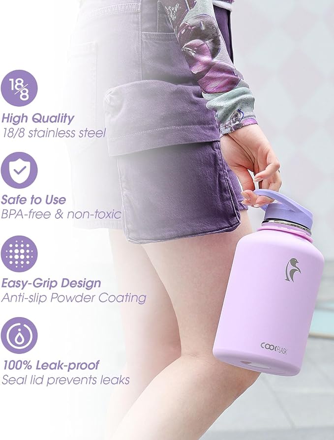 Coolflask Half Gallon Water Bottle Insulated Stainless Steel with Strap | 64 oz Large Water Jug with Straw & Spout Lids,Triple-Wall, Cold 48+h,Dishwasher Safe, Leakproof, BPA-Free,for Gym & Hiking