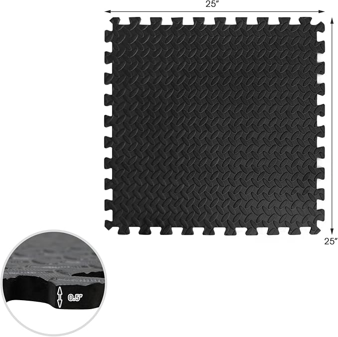 Tangkula 48 Tiles Exercise Flooring With Border, Non-Slip EVA Foam Protective Mats, Elastic Puzzle Play, 1/2" Interlocking Floor for Home Gym, Fitness Room, Workshop Equipment (Black)
