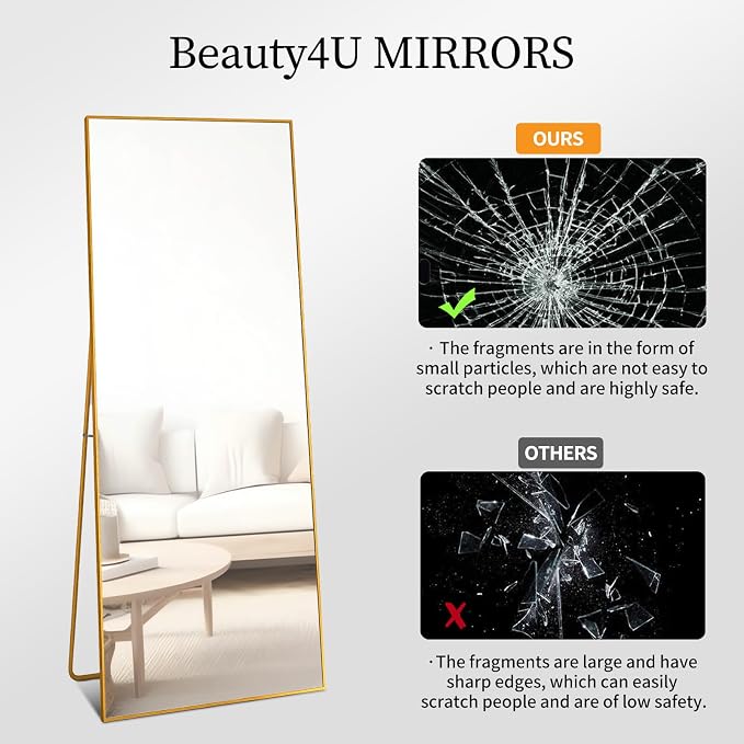 Beauty4U 59" x 16" Full Length Mirror with Stand, Gold Floor Mirror | Standing, Leaning, or Wall-Mounted Tempered Glass Full Body Mirror with Metal Frame for Bedroom, Closet, Modern Home Decor