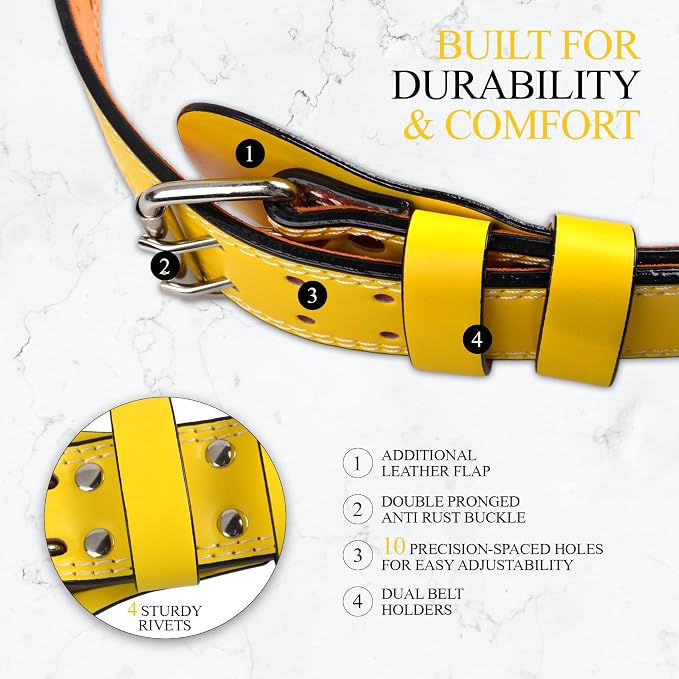 Leather Gym Fitness Belt, 4" & 6" Padded Lumbar Back Support, 10 Adjustable Holes for Weightlifting Powerlifting Bodybuilding Deadlift Squat Workout Strength Training