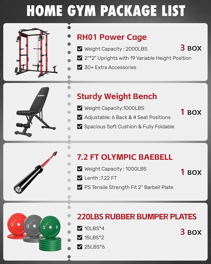 RH01 Power Cage Rack, 2000LBS Squat Rack with with Cable Crossover System&LAT Pull Down System, Multi-Function Workout Cage for Home&Garage Gym