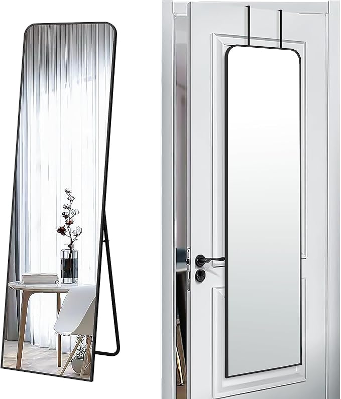 SCWF-GZ 57x16 Full Length Mirror Over The Door Hanging, Floor Stand/Wall Mounted Aluminum Alloy Frame Dressing Mirror for Bedroom Living Room 57 inch Black