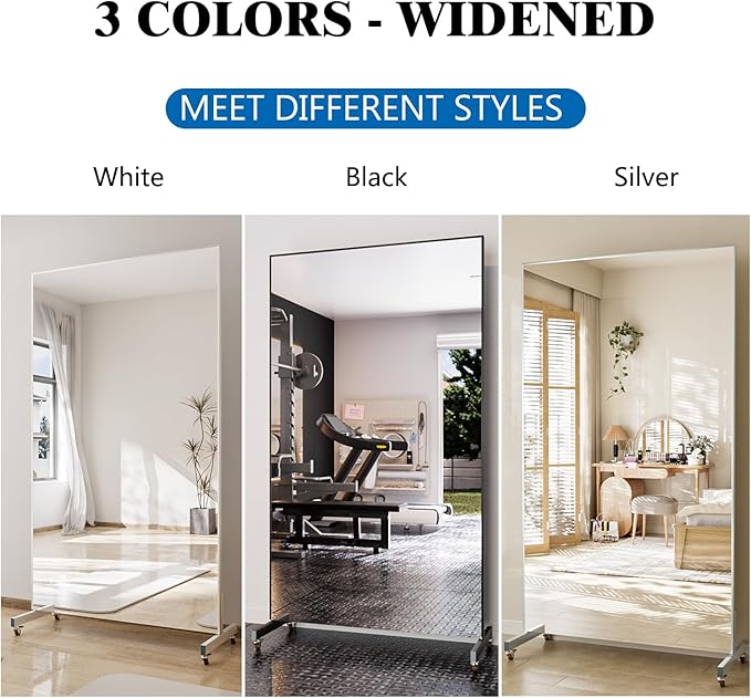 71”x 39” Extra Large Full Body Floor Mirror with 360° Lockable Wheels, Super Lightweight Glassless Shatterproof Surface, Rolling Full-Length Mirror for Yoga, Dance Studio, Home Gym, White