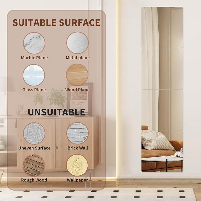 8-Piece Thick Acrylic Mirror Set for Walls, 12 x 12 inch self-Adhesive Frameless Small Mirror Tiles, Flexible Plastic Lenses for Bedroom, Home, and Gym Doors (8 pcs 12x12inch)