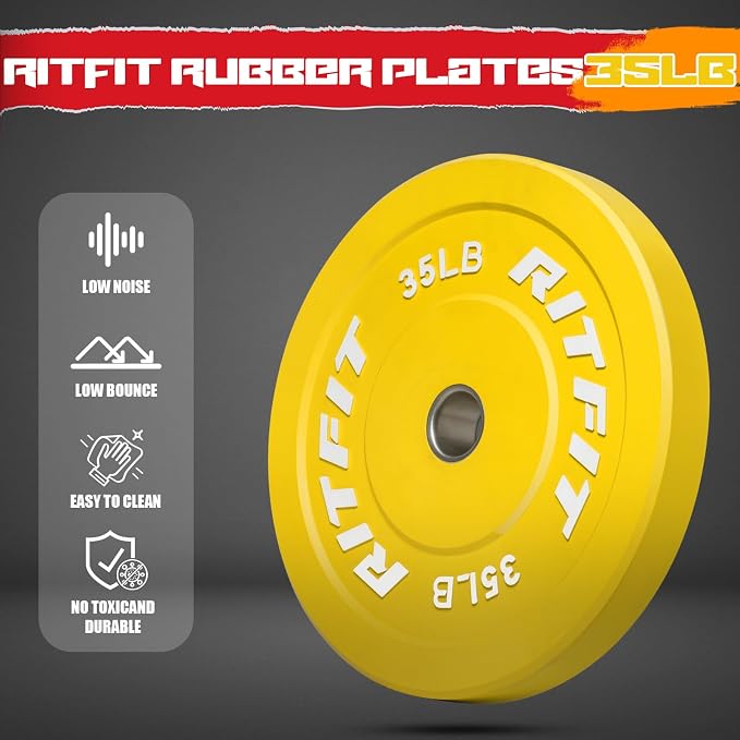 RitFit Color Coded Bumper Plate, Olympic Bumper Plate for Barbell, 2-Inch Bumper Weight Plates With Steel Insert, rubber weight plates for Strength Training in Home Gym