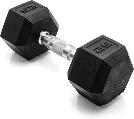 CAP Rubber Coated Dumbbell Weights, Free Weights for Home Gym Strength Training, Anti-Roll Hex Dumbbells with Black, Chrome & Comfort Grip Handles, Singles