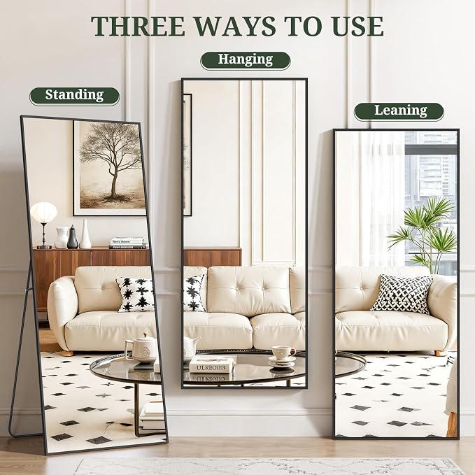 Mirror Full Length 64"x21", Rectangle Full Body Floor Mirrors with Stand | Shatterproof Glass, Aluminum Alloy Frame, Free Standing, Wall Mounted or Leaning for Bedroom Living Room Entryway