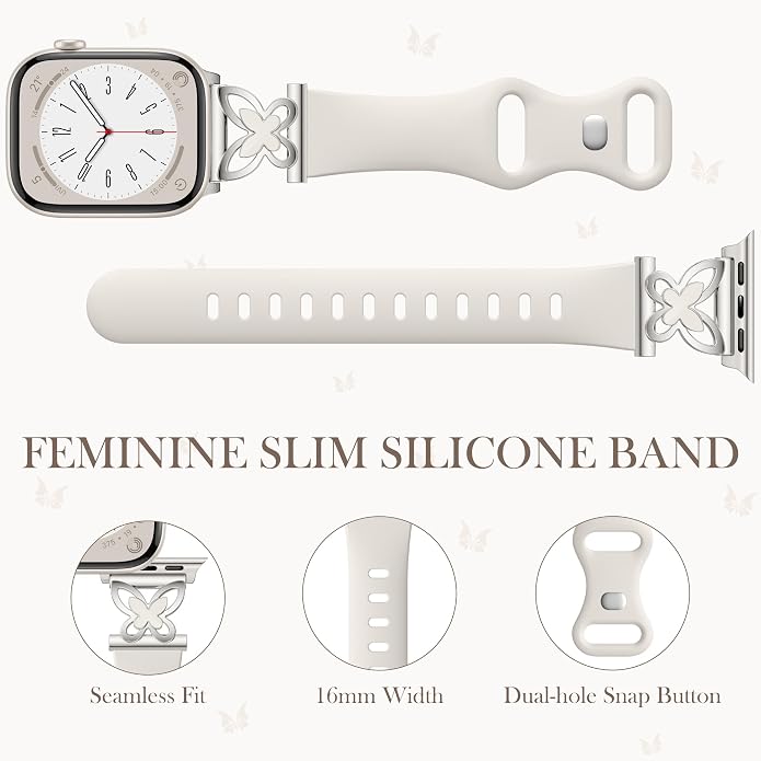 Lerobo Slim Silicone Band Compatible with Apple Watch Bands for Women | Dressy Metal Butterfly 16mm Thin Strap for iWatch Series 11 10 9 8 7 6 5 4 SE Ultra 38mm 40mm 41mm 42mm 44mm 45mm 46mm 49mm