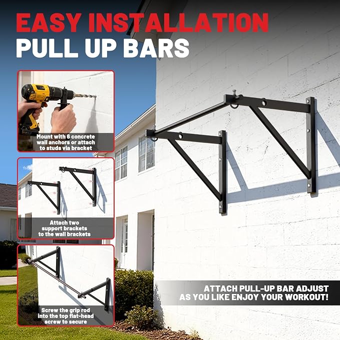 Wall Mounted Pull Up Bar, Chin Up Bar for Home Gym Strength Training | PAPABABE Sturdy Anti-Slip, Knurled Grip, Quick Install, Multi-Grip Versatile, Wall-Mounted Space-Saver 500 Weight Capacity
