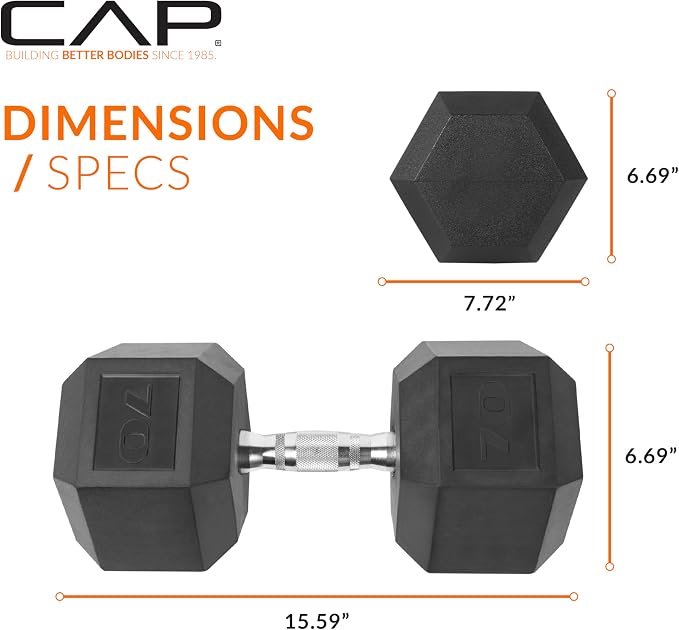 CAP Rubber Coated Dumbbell Weights, Free Weights for Home Gym Strength Training, Anti-Roll Hex Dumbbells with Black, Chrome & Comfort Grip Handles, Pairs & Sets