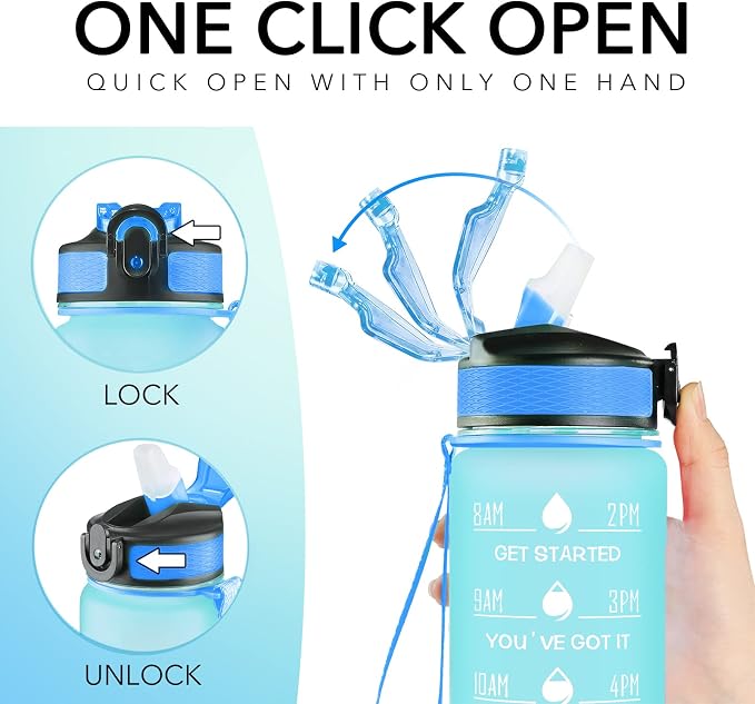 Hyeta Water Bottle with Straw & Time Marker, Plastic 32oz Leakproof | Motivational Tritan BPA Free Gym Office Outdoor Intake Tracker Hourly Reminder Straw Lid Carry Strap