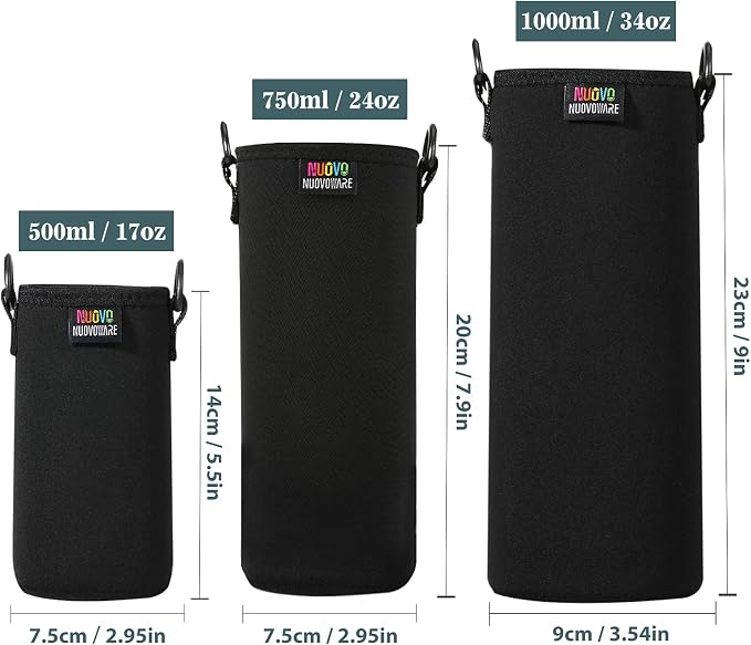Nuovoware Water Bottle Carrier, 1000ML, Black | Portable Insulated Neoprene Sleeve, Adjustable Shoulder Strap, Fit Stainless Steel, Plastic Bottles, Small Size