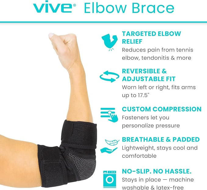 Vive Elbow Brace - Tennis Compression Sleeve - Wrap for Golfers, Bursitis | Left or Right Arm - Tendonitis Support Strap for Golf, Men and Women - Epicondylitis and Sports Recovery