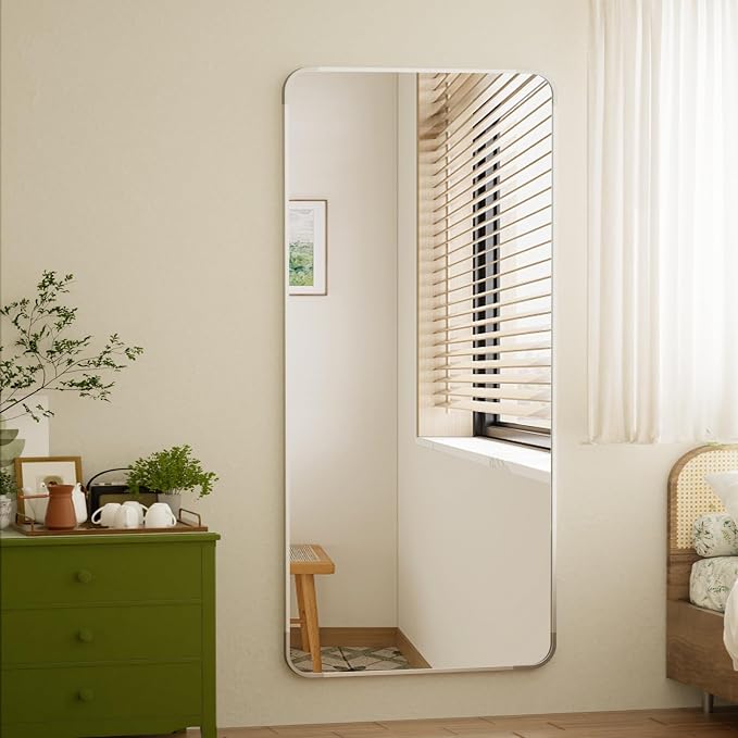 BEAUTYPEAK 71" x 26" Rounded Corner Full Length Mirror with Stand, Silver | Aluminum Alloy Frame with Standing, Leaning, or Wall-Mounted, Ideal for Bedroom, Dressing Room, Entryway, and Living Room