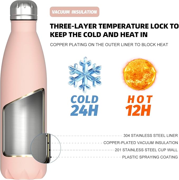 WATERSY Stainless Steel water bottles,17oz/500ml Insulated Water Bottle | Pink metal water bottle Keeps Drink Cold and Hot,BPA Free kids water bottles for School,Gym,Travel,Sports