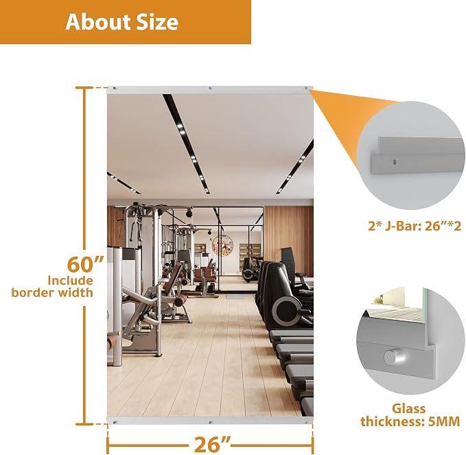 ROOMTEC Home Gym Mirror, 60"x 26"-1 PCS Frameless Gym Mirrors for Home Gym, Large Full Body Tempered Glass Wall Mounted Mirror for Yoga Room, Dance Studio, Workout Room