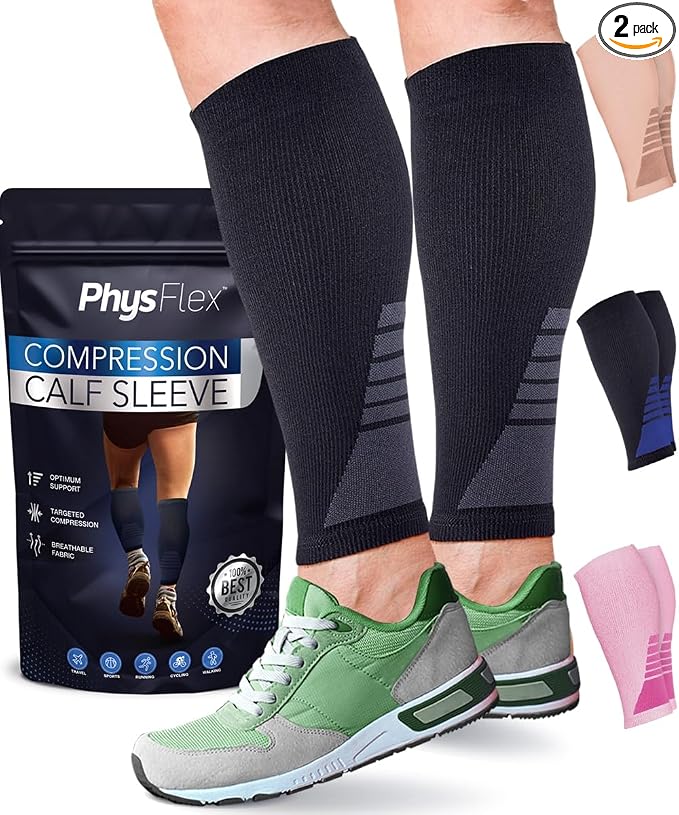 Calf Compression Sleeves for Men and Women - (1 Pair) Footless Compression Socks Support for Varicose Veins, Nursing, Pregnancy, Running - PhysFlex Leg Sleeve Brace for Shin Splints, Pain Relief and Reduces Swelling (Black, Large)