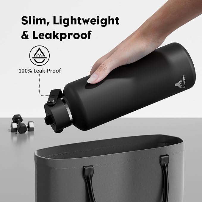 POWCAN 32 oz Insulated Water Bottle with Straw: Leakproof, Top Handle, Keep Cold 24H, BPA-Free, Double Wall Stainless Steel Water Bottle for Travel, Sport, Gym, Outdoors, Camping (Midnight Black)