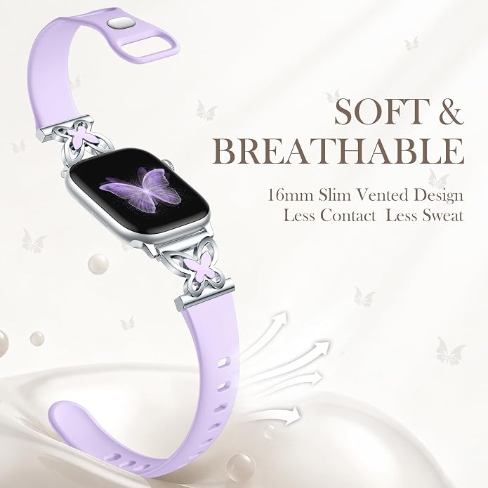 Lerobo Slim Silicone Band Compatible with Apple Watch Bands for Women | Dressy Metal Butterfly 16mm Thin Strap for iWatch Series 11 10 9 8 7 6 5 4 SE Ultra 38mm 40mm 41mm 42mm 44mm 45mm 46mm 49mm