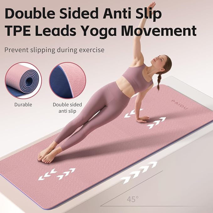 PAIDU Yoga Mat 8mm TPE Non‑Slip Fitness Mat with Strap for Home Workouts | SGS Certified, Odorless, Tear‑Resistant, Unisex, for Yoga, Pilates, Meditation, Home & Gym Workouts