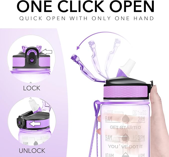 Hyeta Water Bottle with Straw & Time Marker, Plastic 32oz Leakproof | Motivational Tritan BPA Free Gym Office Outdoor Intake Tracker Hourly Reminder Straw Lid Carry Strap