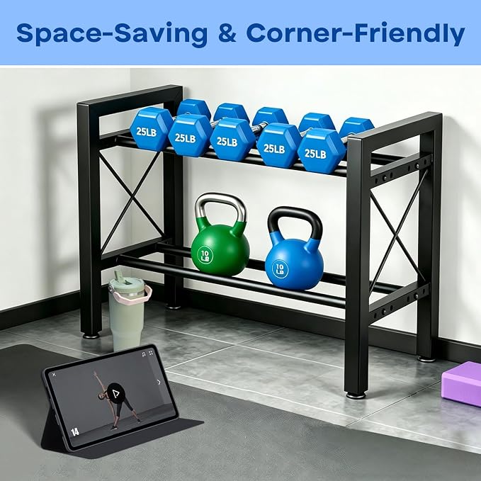 Dumbbell Rack Stand Only, 2 Tier | 3 Tier Adjustable Weight Rack | Thick Steel, Stable Compact H-Frame, Custom Bar Gap, Non-Slip Base, Waterproof Rustproof Coating, For Home Gym Garage Storage