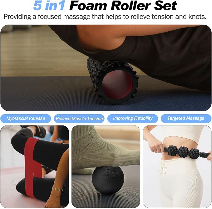 5 in 1 Foam Roller Set High Density Patented Foam Roller for Exercise | Foam Roller Massage Stick, Massage Ball, Resistance Band for Deep Muscle Massage Yoga Trigger Point Release Black Diamond