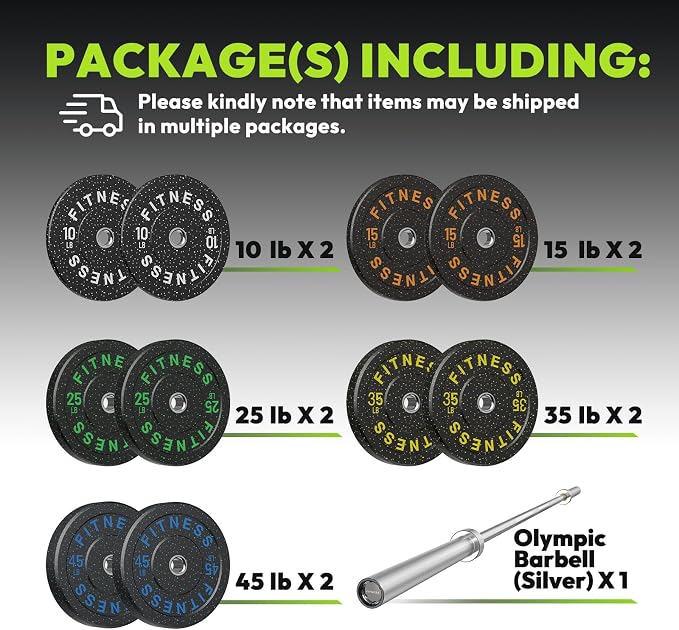 HANDBODE Olympic Barbell Set, 2-Inch Bumper Plates with Weight Plate Rack | Colored Crumb Rubber Weight Plates for Weight Lifting & Strength Training, 90–530 lb Set with 45 LB (20 kg) Olympic Barbell
