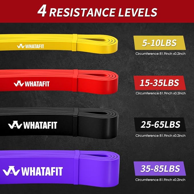 WHATAFIT Resistance Bands, Pull Up Assist Bands with Handles, Door Anchor | Natural Latex Rubber, Progressive Tension, Exercise Loop for Full-Body Fitness, Portable Gym Bag, Warm-Up & Stretch