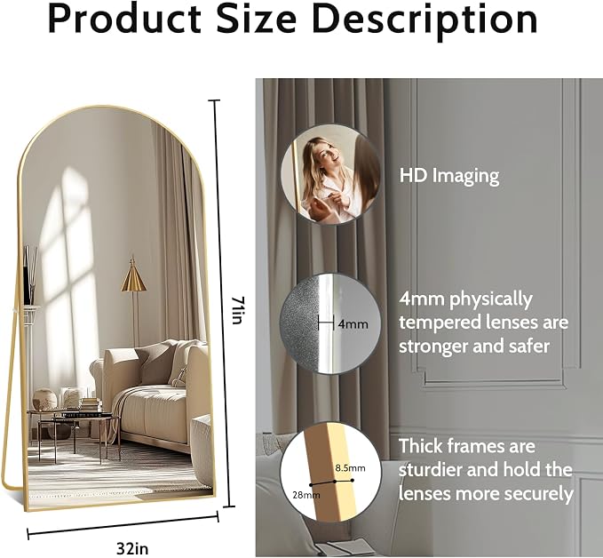 Beauty4U 71" x 32" Arched Full Length Mirror with Stand, Gold Floor Mirror | Large Standing, Leaning, or Wall-Mounted Tempered Full Body Mirror with Metal Frame for Bedroom, Closet, Modern Home Decor