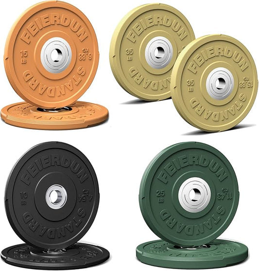 FEIERDUN Color Bumper Plate Set, 2-Inch Olympic Weight Plates, Low Bounce Rubber Barbell Plates with Stainless Steel Insert for Weightlifting, Strength Training, CrossFit & Home Gym, 10LB-370LB