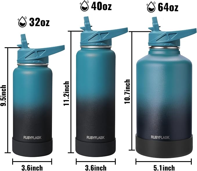 RUBYFLASK 32 oz Insulated Stainless Steel Water Bottle with Straw | 3 Lids, Wide Mouth, Metal Vacuum Leakproof Water Jug Flask and Handle, Large Thermal Cup with Silicone Boot, Navy