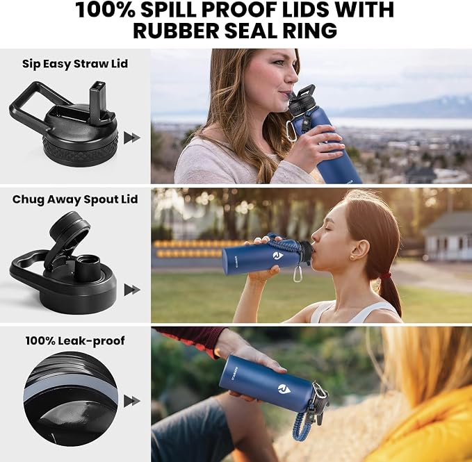 RAYMYLO Insulated Water Bottle 40 oz, Triple Wall Vacuum Stainless Steel | (Cold for 36Hrs, Hot for 18Hrs), Leak Proof & Non-BPA, Modern Water Flask Jug with Paracord Handle & Straw Spout Lids