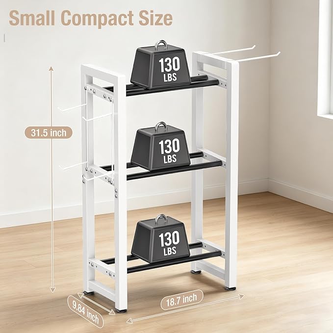 Small Dumbbell Rack，Heavy Duty Adjustable Dumbbell Weight Rack with Side Hooks,Gym Equipment Weight Set holderfor Dumbbell,Kettlebells Rack, Other Gym Accessories