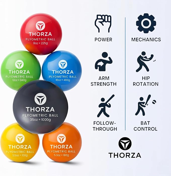 Thorza Weighted Training Balls, Overload & Underload Throwing Set, 6-Pack | Plyometric throwing set for pitching velocity & arm strength, color-coded for baseball training