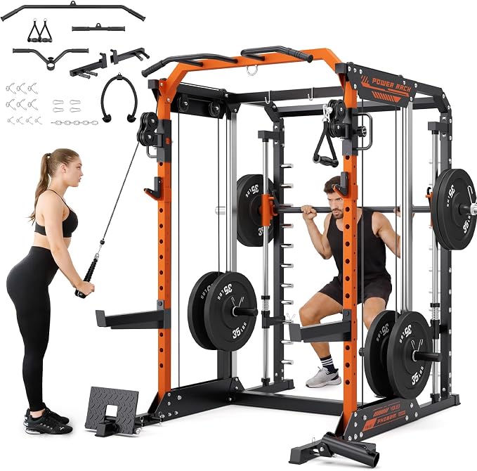 YOLEO Smith Machine & Squat Rack Combo, Multi-Functional Power Racks with Adjustable Width & Pull-Up Bar, Cable Crossover Power Cage, Independent Dual-Pulley System for Home Gym Garage Basement