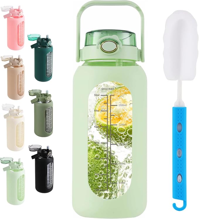 64 oz Glass Water Bottle with 2-in-1 Straw Lid Large Half Gallon Water Bottle with Time Marker & Removable Silicone Sleeve,Wide Mouth BPA-Free Borosilicate Bottle for Gym, Workout & Daily Use
