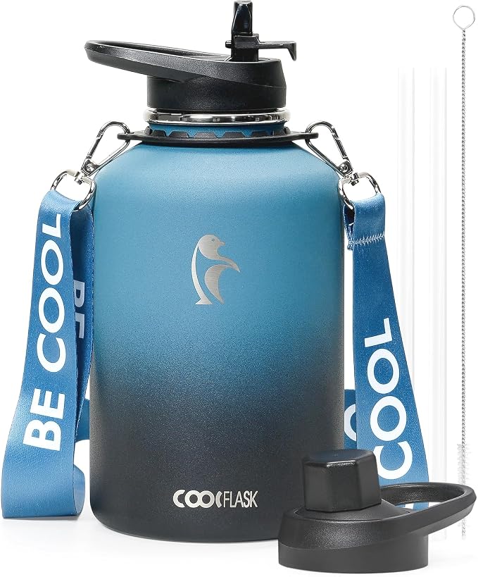 Coolflask Half Gallon Water Bottle Insulated Stainless Steel with Strap | 64 oz Large Water Jug with Straw & Spout Lids,Triple-Wall, Cold 48+h,Dishwasher Safe, Leakproof, BPA-Free,for Gym & Hiking