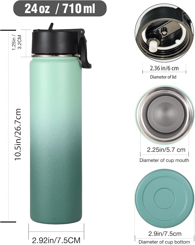 Volhoply 24 Ounce Insulated Water Bottle With Straw Lid,Stainless Steel Wide Mouth Sport Bottles With Handle,Double Wall Vacuum Cups keep Cold,Reusable Travel Thermal Cups For Holder,Gym(Mojito,1)