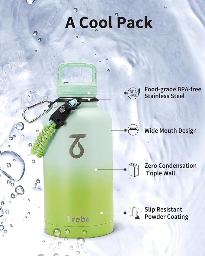 Trebo 64 oz Water Bottle Stainless Steel with 3 Lids, Paracord Handle & Bag | Half Gallon Large Insulated Jug, Triple Wall Vacuum Copper Plated, Dishwasher Safe, Cold 48Hrs for Outdoor, Hiking, Gym