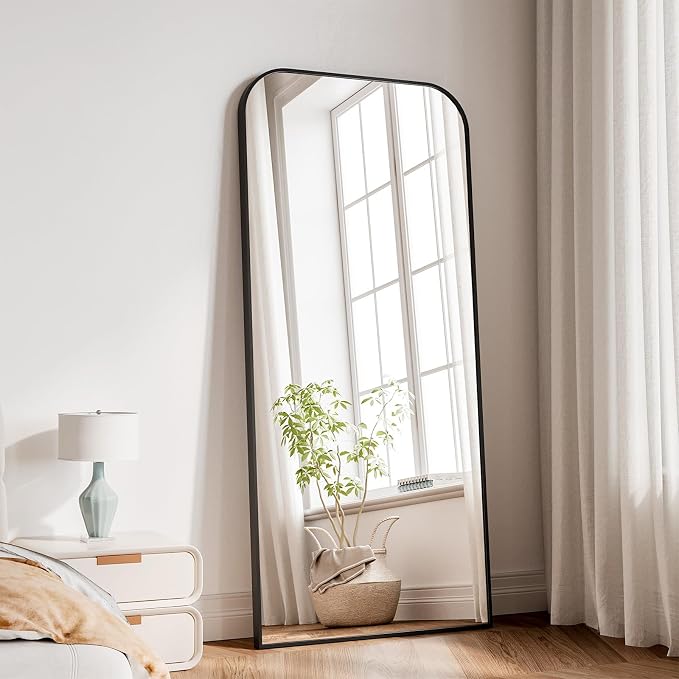 Koonmi Full Length Mirror, 65"x24" Mirror Full Length with Stand | Domed Top Square-Edged ShatterProof Floor Mirror with Black Aluminum Alloy Frame for Bedroom Living Room Home Gym
