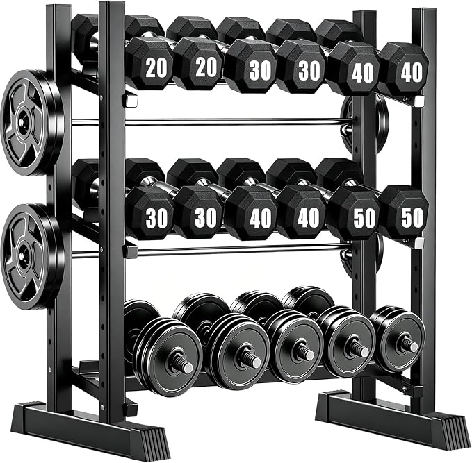 3-Tier Adjustable Dumbbell Rack, Heavy-Duty Weight Rack for Home Gym, Space-Saving Weight Storage Rack for Dumbbells, Kettlebells, Barbells & Plates (Rack Only)