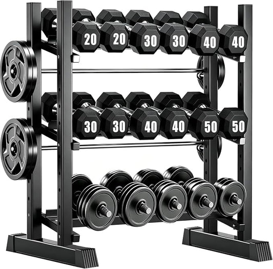 3-Tier Adjustable Dumbbell Rack, Heavy-Duty Weight Rack for Home Gym, Space-Saving Weight Storage Rack for Dumbbells, Kettlebells, Barbells & Plates (Rack Only)