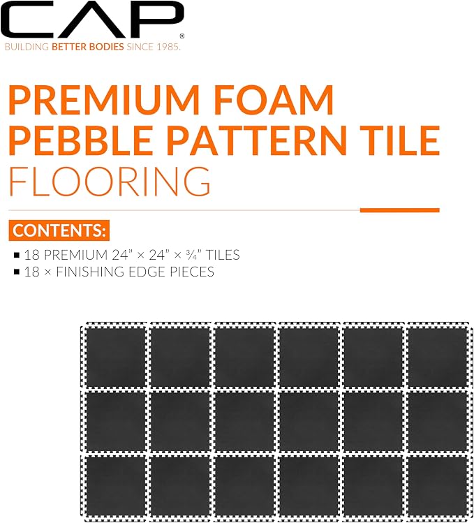 CAP Barbell 3/4-Inch Interlocking EVA Foam Exercise Puzzle Mat Home Gym Flooring - 3 Pack | 24" x 24" x 3/4" | Pebble Pattern - Black