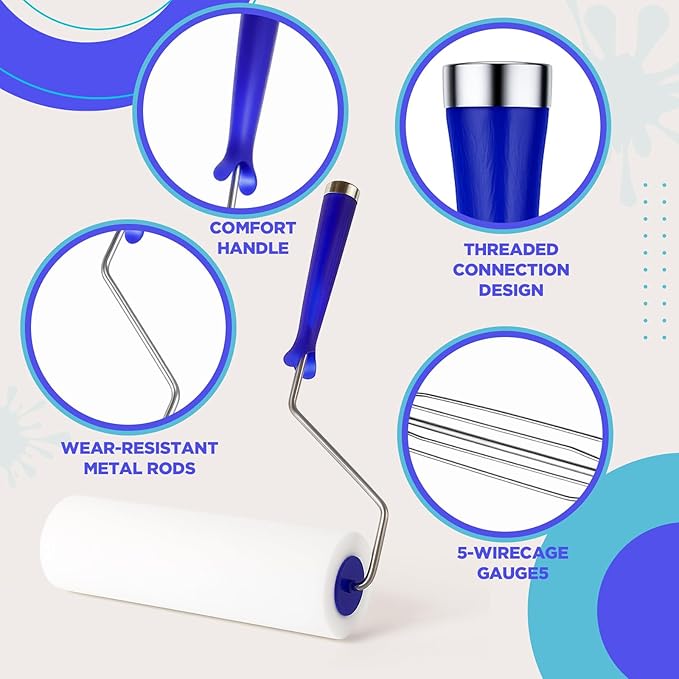 Leumoi 4 Pcs 9 Inch Foam Paint Rollers with Roller Frame Kit, High Density Foam Paint Roller Covers for Painting Doors Wall Houses Cabinets Ceilings Furniture Flat Surfaces