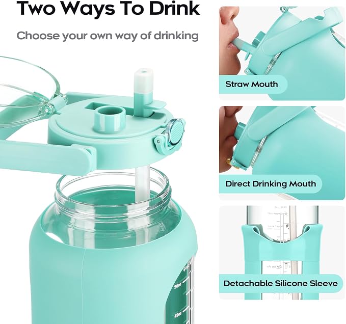 chunmo 74 oz Glass Water Bolttles with Straw Large Motivational Water Bottle with Time Marker Sports Water Bottles with Silicone Sleeve and Handle Lid 2.2L Water Jug for Gym Workout