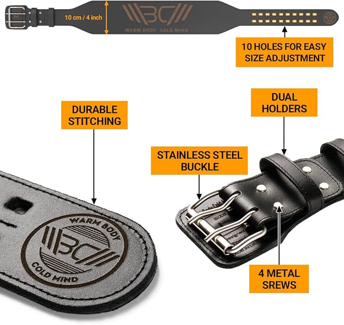 WARM BODY COLD MIND Leather Weight Lifting Belt 4" Adjustable Belt with Buckle for Workout, Squats, Gym, Powerlifting, Olympic Weightlifting, Strength Training. Waist/Back Support