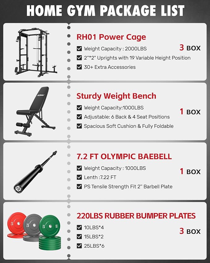 RH01 Power Cage Rack, 2000LBS Squat Rack with with Cable Crossover System&LAT Pull Down System, Multi-Function Workout Cage for Home&Garage Gym