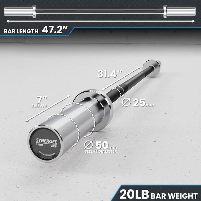 Synergee Olympic Barbell – 20/25 lb, 2" Bar, 350 lb Cap, Magnetic Collars