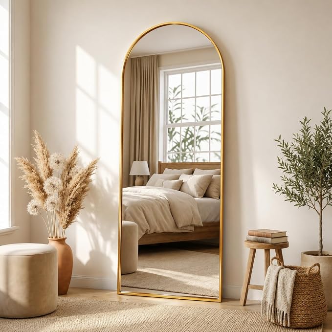 Full Length Mirror, Arched Floor Mirror Freestanding, Floor Standing Full Body Mirror with Stand for Bedroom, Hanging Mounted for Living Room Cloakroom (Gold, 58.5"x18")
